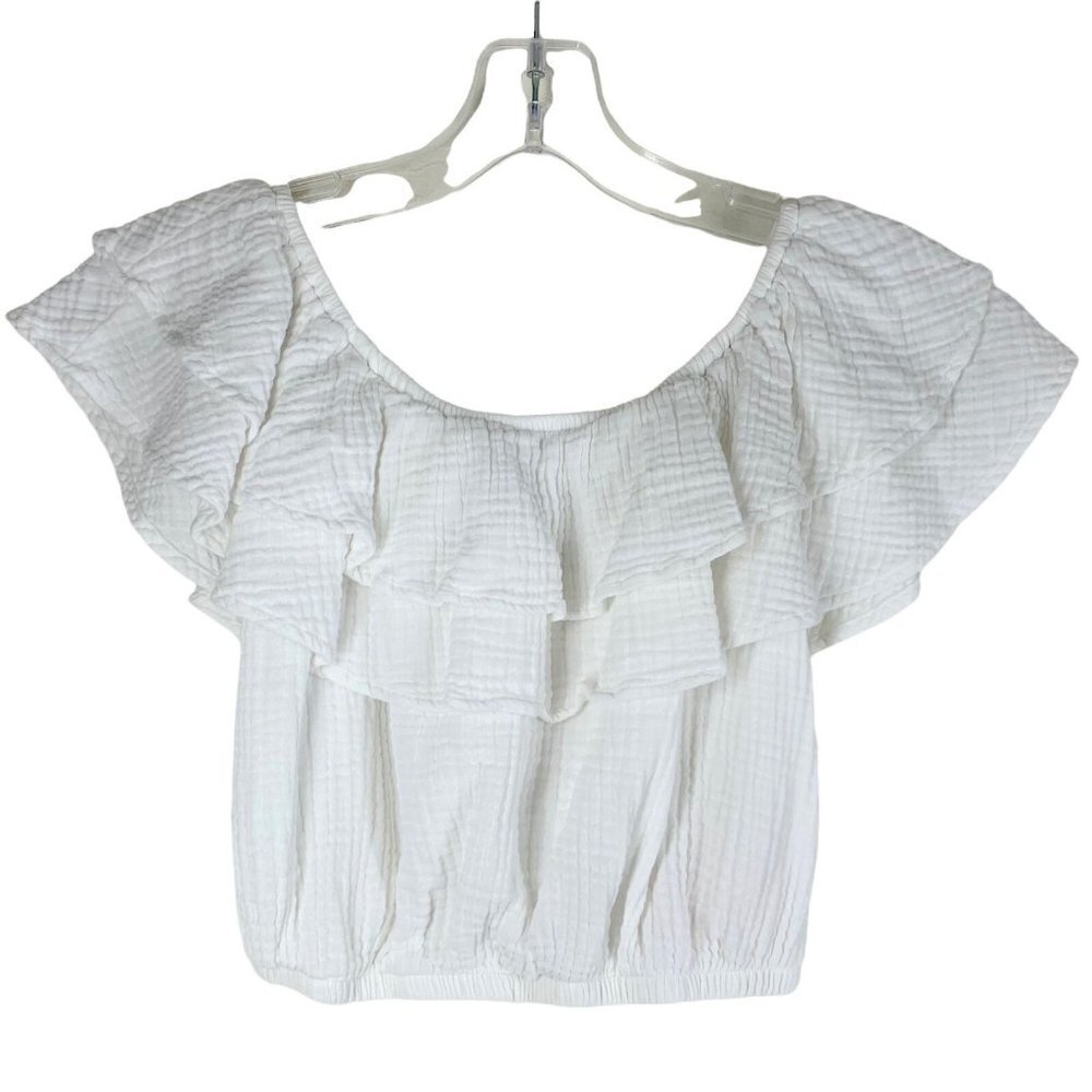 Show Me Your Mumu White Cotton Gauze KAYA Ruffled Crop Top Size XS - Picture 2 of 5